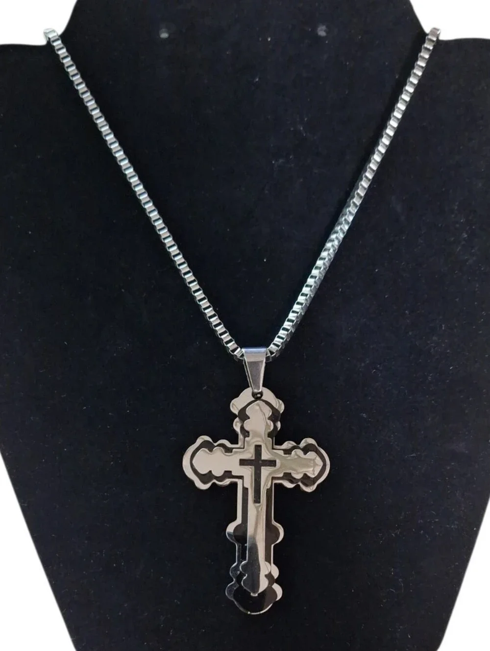 Mens Stainless Steel Two-Tone & Black Cross Pendant Necklace